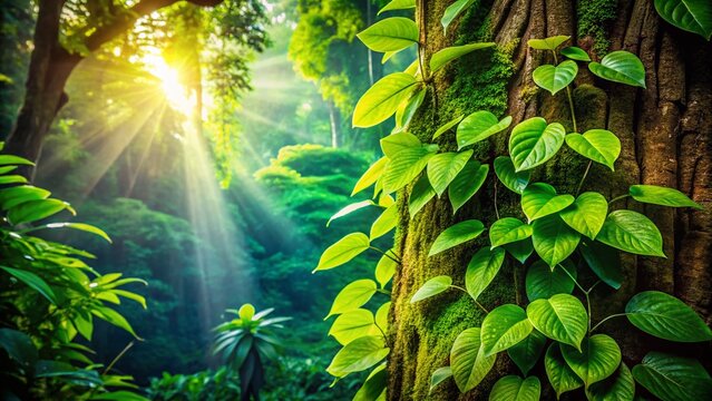Dense Green Leaves on Tree Trunk in Backlight, Jungle Background, Nature Texture, Symbol of Growth and Life in