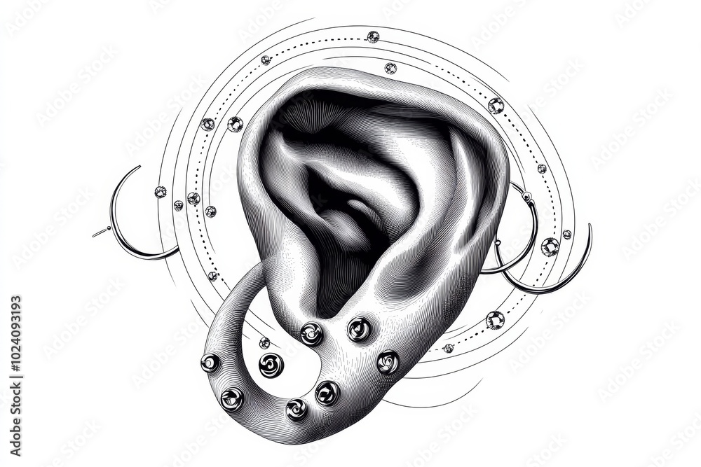 Aufkleber Minimalist line art of an ear with multiple small hoops and studs, representing the simplicity and elegance of ear piercings