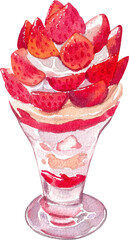 Refreshing strawberry parfait layered with cream and fresh strawberries, hand-drawn watercolor painting illustration