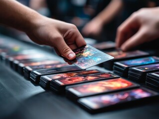 Hands exchanging trading cards at a gaming event. Multiple cards are spread on a table, showcasing colorful artwork and design details.