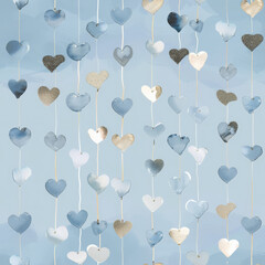 Delicate heart confetti in various sizes creates charming backdrop, perfect for celebrations. soft blue tones and shimmering accents add whimsical touch.