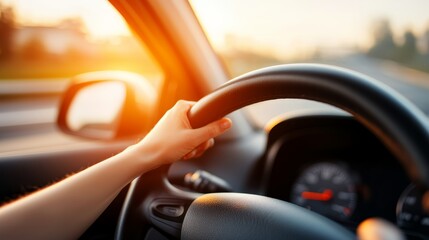 Close-up of a person driving a car during sunset, holding the steering wheel with one hand and the road ahead blurred by motion.