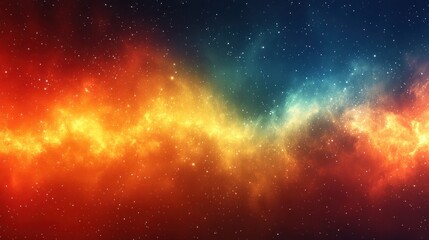 A cosmic background with a fiery red and orange nebula on the left and a cool blue nebula on the right, with white stars scattered throughout.