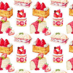 Strawberry crepe cake, strawberry jam cake with two strawberries, and strawberry shortcake, hand-drawn watercolor painting seamless pattern