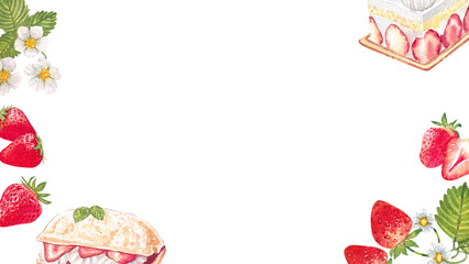 Strawberry short cake, cream pastry puffs, and strawberry flowers, hand-drawn watercolor painting frame design