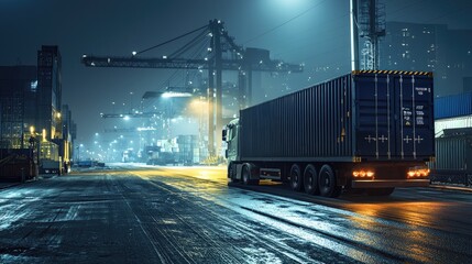 Obraz premium Industrial professional photography, Container Truck, side view, port background, realistic, shot wit wide angle camera