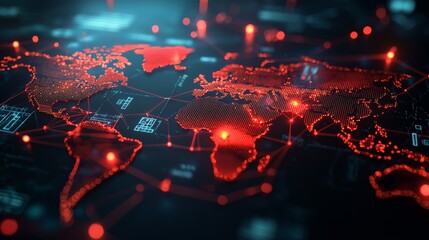 Obraz premium Futuristic digital world map with red illuminated continents, showcasing global connections and advanced technology networks.