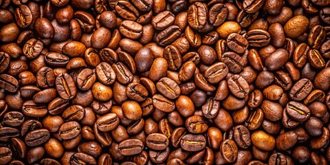 Obraz premium A close-up view of roasted coffee beans, showcasing their rich brown hue and intricate details. The beans, arranged in a dense, textured pattern, exude a warm, inviting aroma.