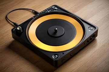 Fototapeta premium Vintage Turntable with Yellow Vinyl on Wooden Surface