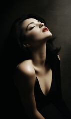 woman black dress eyes closed white skin young neck reddish pose pursed lips talented mixed race anguish