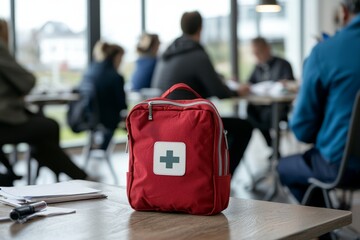 First aid trainer explaining the contents of a first aid kit, the class attentive and taking notes on the essentials, Generative AI