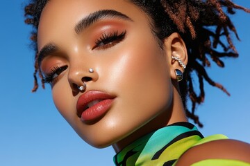 Realistic close-up of a person with a nose stud and ear cuff, showcasing the balance of simplicity and boldness in stylish piercings