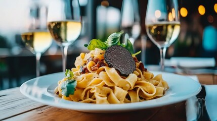 Elegant pasta dish garnished with fresh basil and truffle, served with white wine in a cozy restaurant setting.