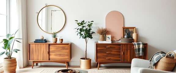 Retro living room with vintage commode, mirror, and rattan basket. Wabi-sabi decor. AI generate.