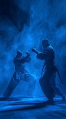 Obraz premium Two martial artists in dramatic smoke-filled environment facing off