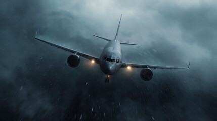 large airplane flying sky cold grey background heavy snow apocalypse hurricane descent metal hard surfaces bags ground overhead prop thunderstorms rigid