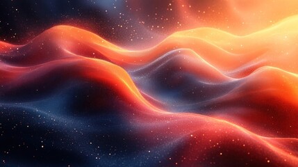 Abstract background with flowing, wavy, red and blue lines, textured with glowing particles.