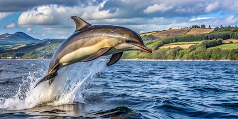 Fototapeta premium A Dolphin's Leap Through the Waves, A Moment of Grace and Power Against a Backdrop of Lush Hills