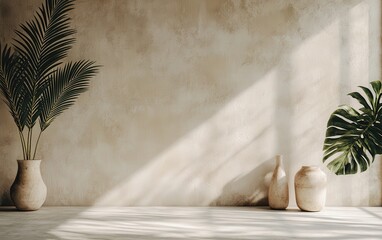Modern interior design of an empty room, with a focus on a beige stucco wall and a minimal arrangement of vases and palm leaf. 