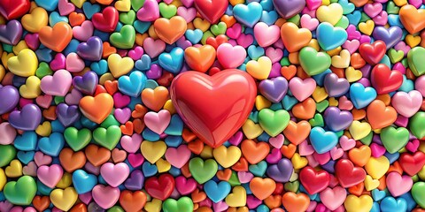 Obraz premium A vibrant and colorful display of heart shapes, all rendered in a glossy, 3D style. The central heart, larger than the others, stands out in its bright red hue.