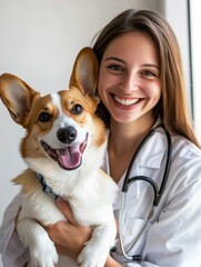 Smiling veterinarian holding a happy corgi dog in a clinic, showcasing veterinary care and animal companionship.