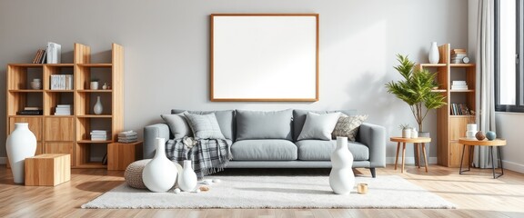Scandinavian dining room with gold lamp and sharing table. AI generate.