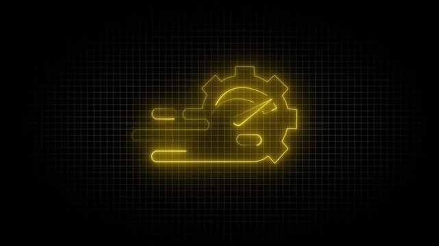 Glowing  Yellow neon Gear and accelerator. Turbo mode. neon linear icon  on  grid black background. Car turbocharger . 