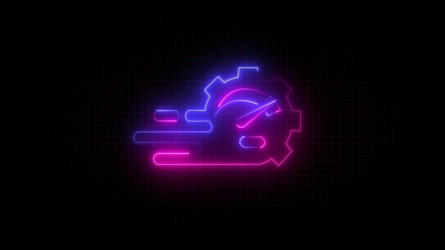 Glowing  purple and pink  neon Gear and accelerator. Turbo mode. neon linear icon  on red  grid background. Car turbocharger isolated on red  grid black  background. 
