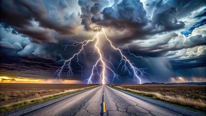 Intense stormy weather with lightning and thunder on a road