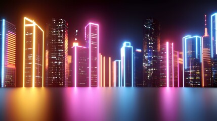 Fototapeta premium A row of tall buildings with neon lights in blue, pink, and yellow on a dark background. The lights reflect on the ground. The image is a 3D rendering of a futuristic cityscape.