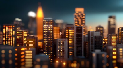 A city skyline with buildings lit up at night.  The buildings in the foreground are in focus, while the skyscrapers in the background are blurred.