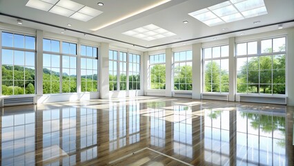 Fototapeta premium A spacious room bathed in natural light streaming through expansive windows, showcasing a gleaming hardwood floor reflecting the outdoor scene.