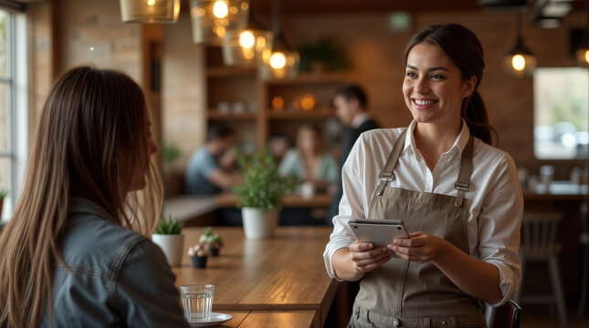 An attractive, smiling waitress taking an order from a female customer. They are in a small, cozy restaurant. The waitress is using a touchpad.