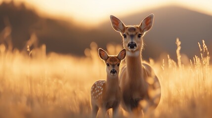 two deer standing field tall grass sunset glow head animal portrait shoulder maternal intelligent eyes travelers golden towers young child photographs