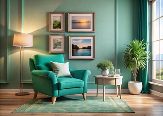 Elegant Living Room Design Featuring Taupe Armchair and Sea Green Frames for Chic Home Decor Inspiration