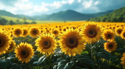 Fototapeta premium A field of sunflowers facing the sun with mountains in the background.