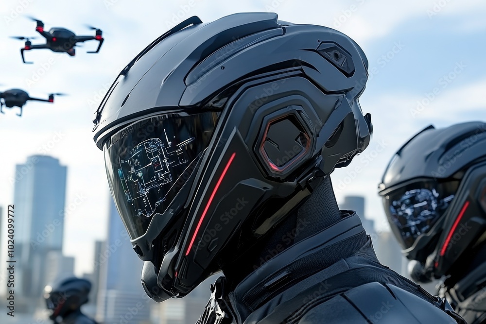 Poster soldiers in high-tech exoskeleton suits, patrolling a futuristic city with flying drones monitoring 