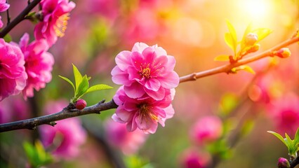 Obraz premium Delicate pink blossoms on a branch bathed in the warm glow of the setting sun, a symphony of springtime beauty