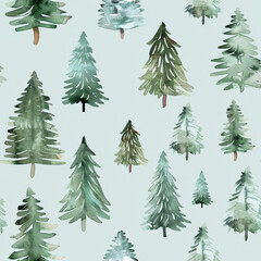 Obraz premium Watercolor Christmas trees in various shades of green create serene and festive pattern. Perfect for holiday themed designs.