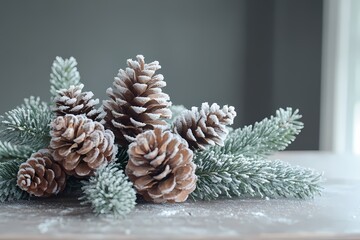 Frost-covered pine cones and evergreen branches on a table, winter decorations for home decor. 