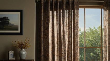 Elegant living room with patterned curtains and a view of greenery through a large window in a warm...