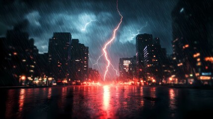 The image depicts a city skyline with buildings silhouetted against a stormy sky with lightning strikes. The city is awash in the red glow of streetlights, reflecting off the wet pavement.