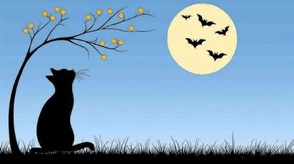 Black Cat Silhouette Under Full Moon and Bats