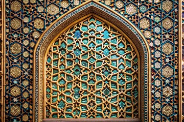 Islamic background with intricate mosque window ornament in extreme close-up