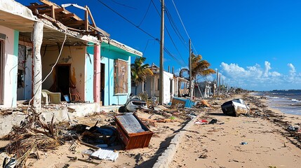 Devastated beachside houses after a storm, with debris scattered on sandy shore. hurricane