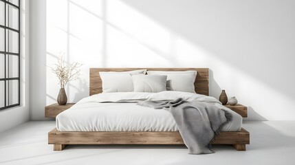 A minimalist bed with neutral bedding and simple wooden accents, in a serene, zen-inspired room