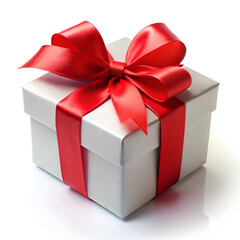 Fototapeta premium Gift box with red ribbon bow, isolated on a white background. Celebration greeting concept