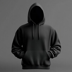 Black hoodie with a hoodie on a wooden hanger, against a plain white wall.