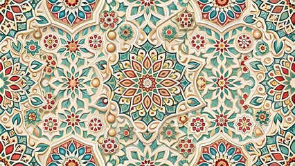 Intricate Floral Patterns with Intricately Woven Geometric Shapes, Embellished with Delicate Leaf Motifs and Golden Accents