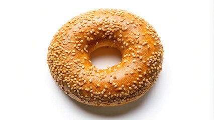 Isolated sesame bagel on white background, high angle view